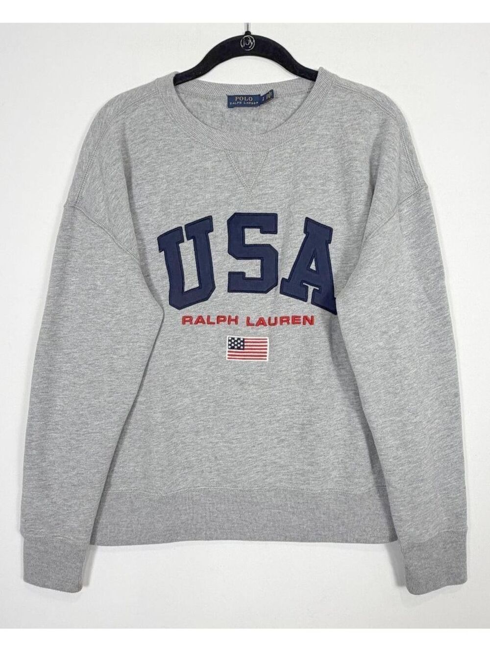 Polo Ralph Lauren USA Fleece Sweatshirt Gray Flag Patch Logo Women's Size Small